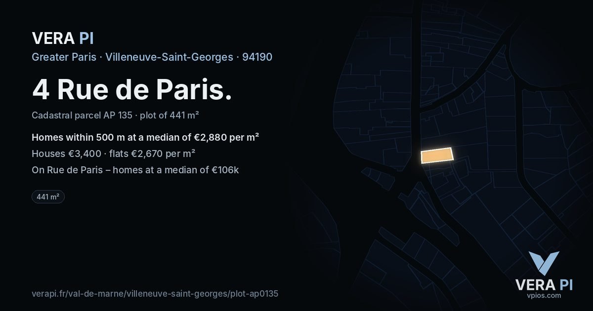 4 Rue de Paris, Villeneuve-Saint-Georges at night – the plot lit, the parcels around coloured by the prices near them