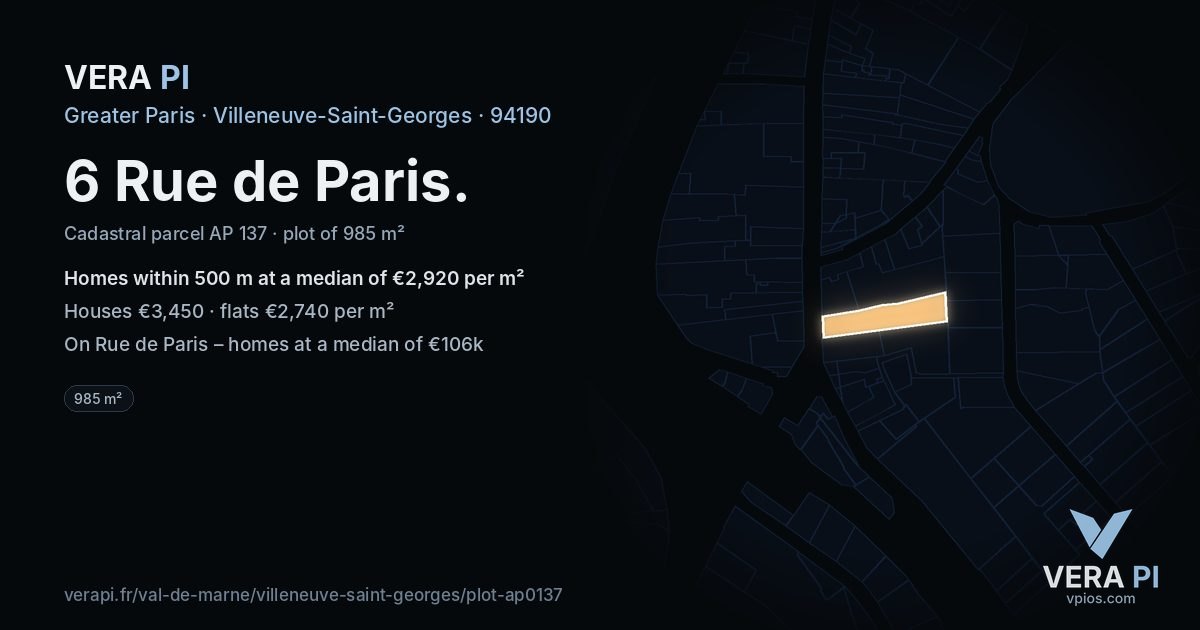 6 Rue de Paris, Villeneuve-Saint-Georges at night – the plot lit, the parcels around coloured by the prices near them