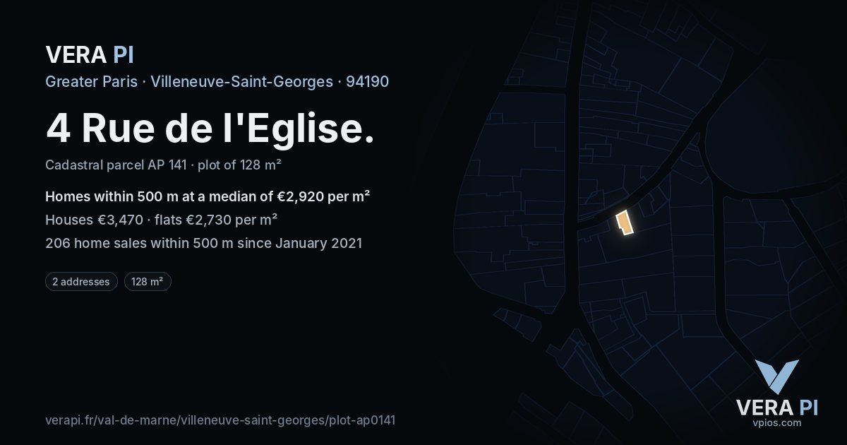 4 Rue de l'Eglise, Villeneuve-Saint-Georges at night – the plot lit, the parcels around coloured by the prices near them