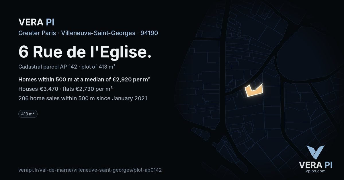 6 Rue de l'Eglise, Villeneuve-Saint-Georges at night – the plot lit, the parcels around coloured by the prices near them