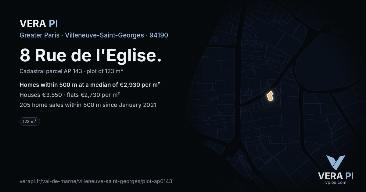 8 Rue de l'Eglise, Villeneuve-Saint-Georges at night – the plot lit, the parcels around coloured by the prices near them