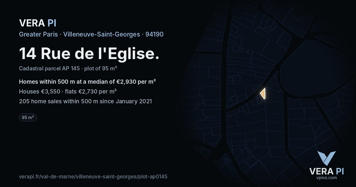 14 Rue de l'Eglise, Villeneuve-Saint-Georges at night – the plot lit, the parcels around coloured by the prices near them