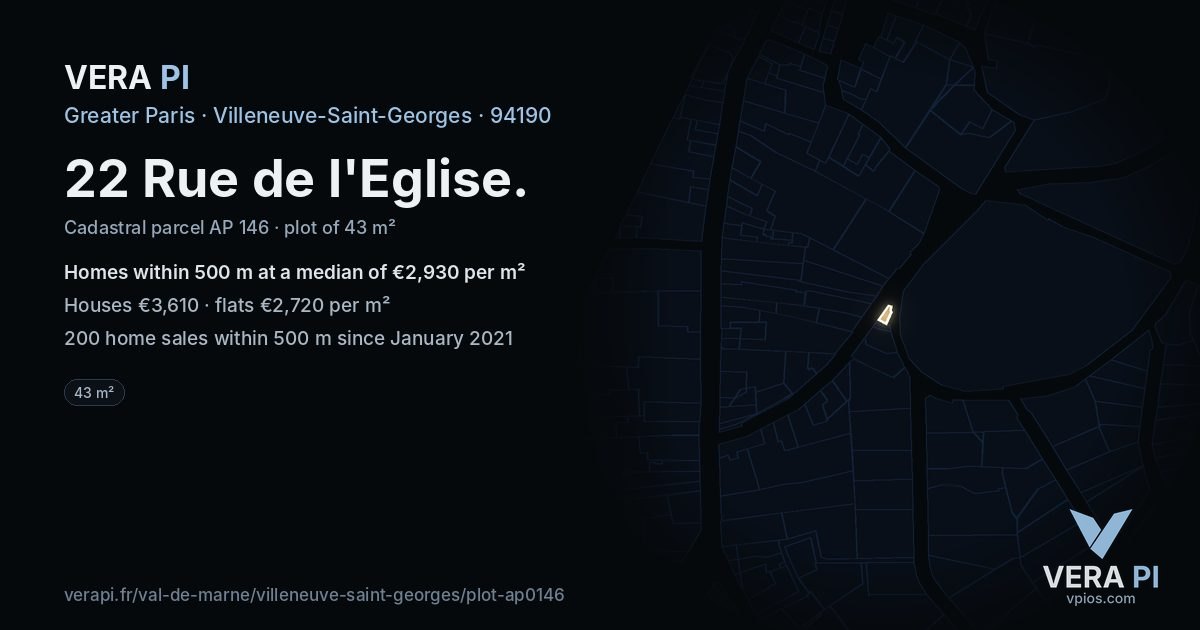 22 Rue de l'Eglise, Villeneuve-Saint-Georges at night – the plot lit, the parcels around coloured by the prices near them