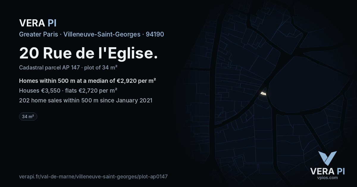 20 Rue de l'Eglise, Villeneuve-Saint-Georges at night – the plot lit, the parcels around coloured by the prices near them
