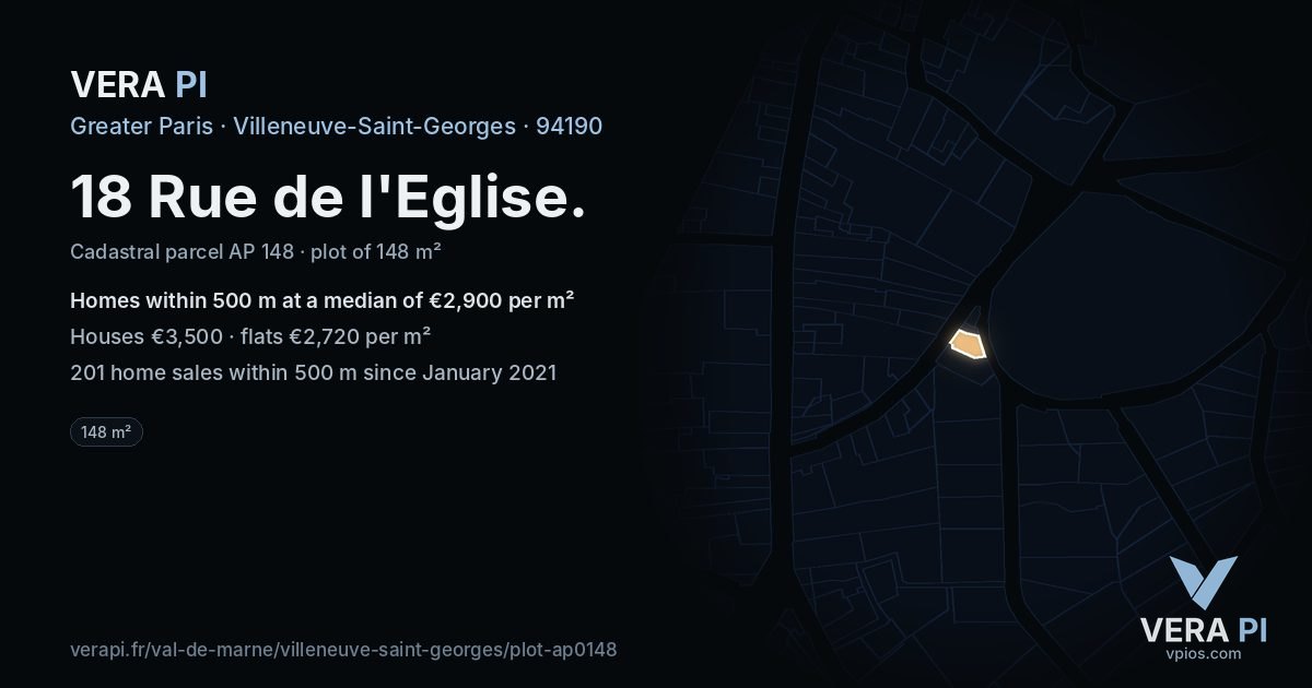 18 Rue de l'Eglise, Villeneuve-Saint-Georges at night – the plot lit, the parcels around coloured by the prices near them