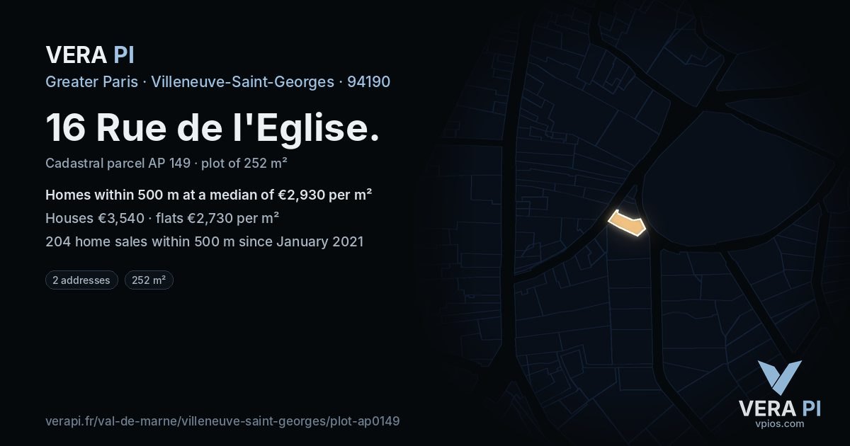 16 Rue de l'Eglise, Villeneuve-Saint-Georges at night – the plot lit, the parcels around coloured by the prices near them
