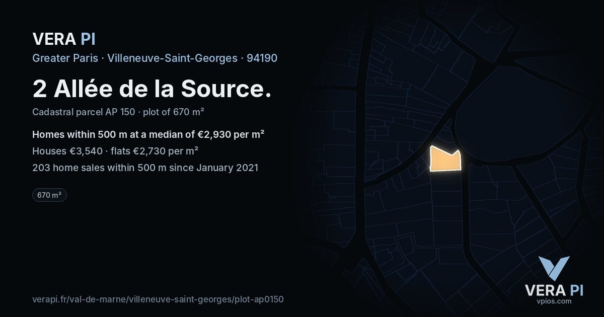 2 Allée de la Source, Villeneuve-Saint-Georges at night – the plot lit, the parcels around coloured by the prices near them