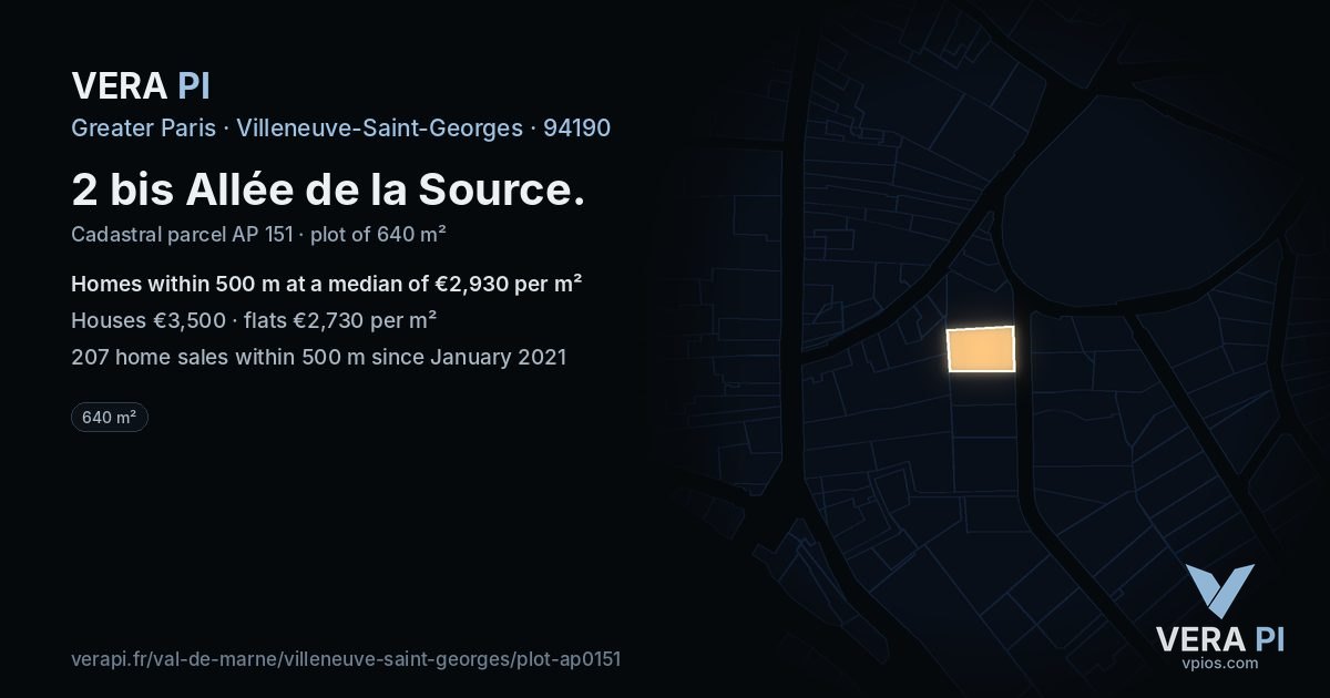 2 bis Allée de la Source, Villeneuve-Saint-Georges at night – the plot lit, the parcels around coloured by the prices near them