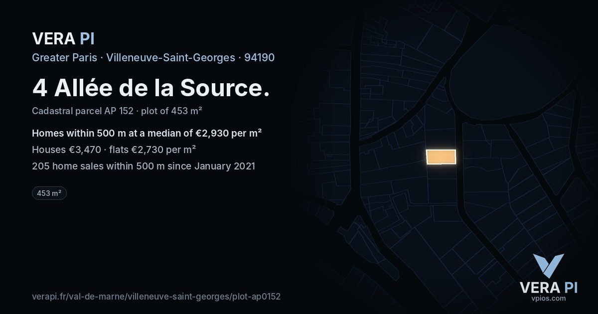 4 Allée de la Source, Villeneuve-Saint-Georges at night – the plot lit, the parcels around coloured by the prices near them