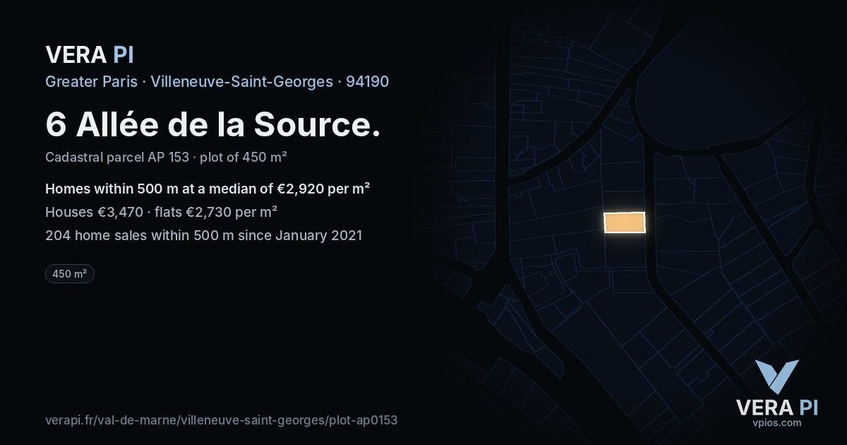 6 Allée de la Source, Villeneuve-Saint-Georges at night – the plot lit, the parcels around coloured by the prices near them