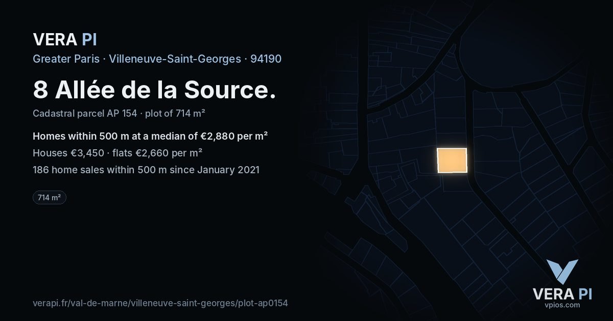8 Allée de la Source, Villeneuve-Saint-Georges at night – the plot lit, the parcels around coloured by the prices near them
