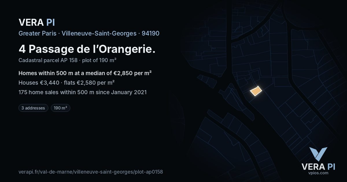 4 Passage de l’Orangerie, Villeneuve-Saint-Georges at night – the plot lit, the parcels around coloured by the prices near them