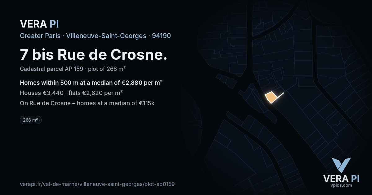 7 bis Rue de Crosne, Villeneuve-Saint-Georges at night – the plot lit, the parcels around coloured by the prices near them