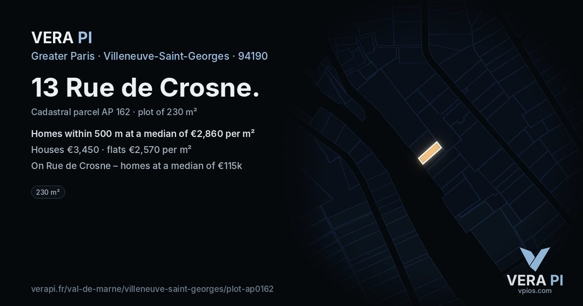 13 Rue de Crosne, Villeneuve-Saint-Georges at night – the plot lit, the parcels around coloured by the prices near them