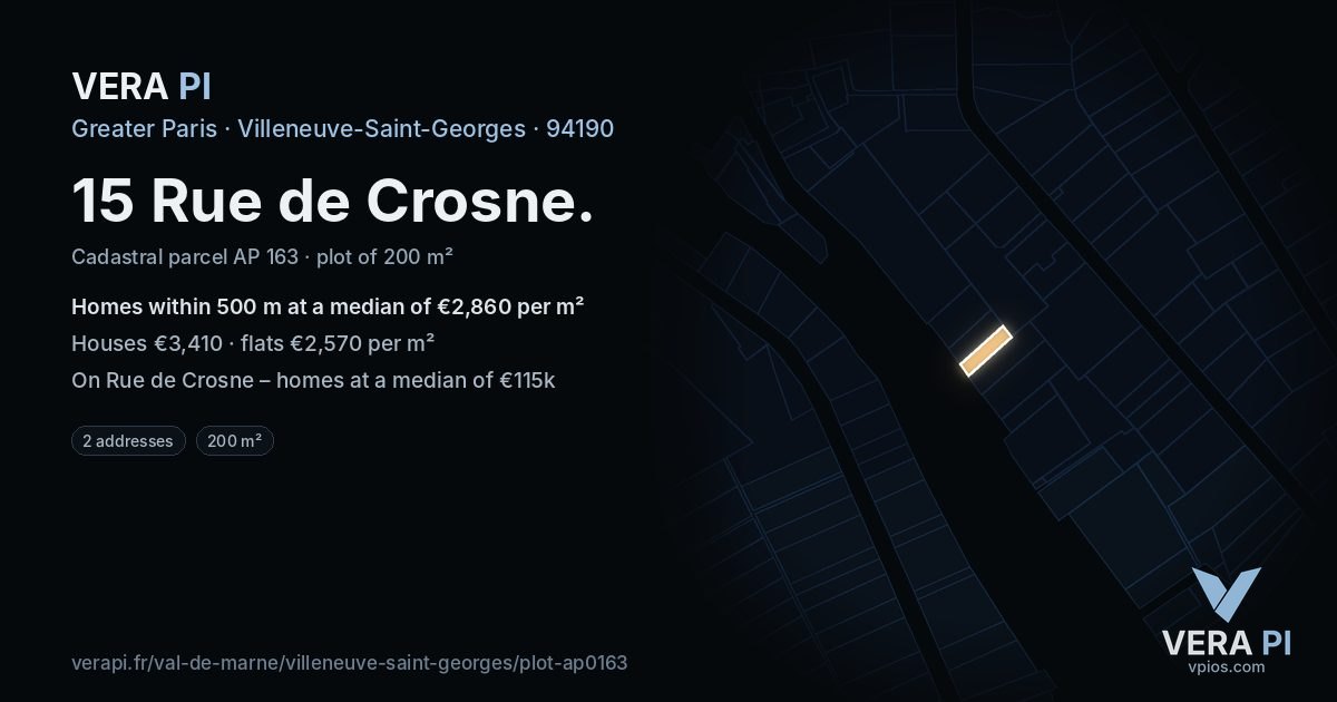 15 Rue de Crosne, Villeneuve-Saint-Georges at night – the plot lit, the parcels around coloured by the prices near them