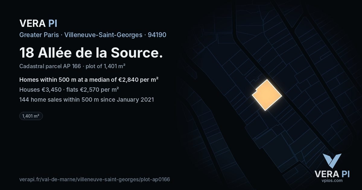 18 Allée de la Source, Villeneuve-Saint-Georges at night – the plot lit, the parcels around coloured by the prices near them