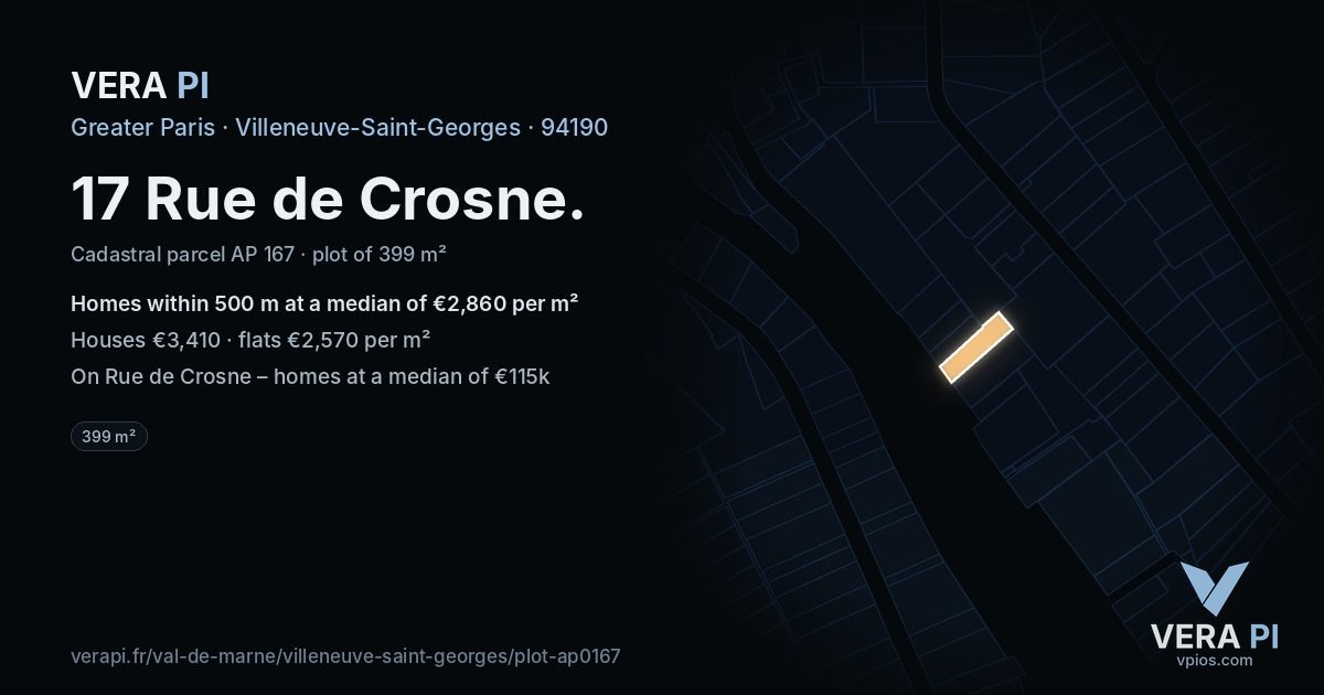 17 Rue de Crosne, Villeneuve-Saint-Georges at night – the plot lit, the parcels around coloured by the prices near them