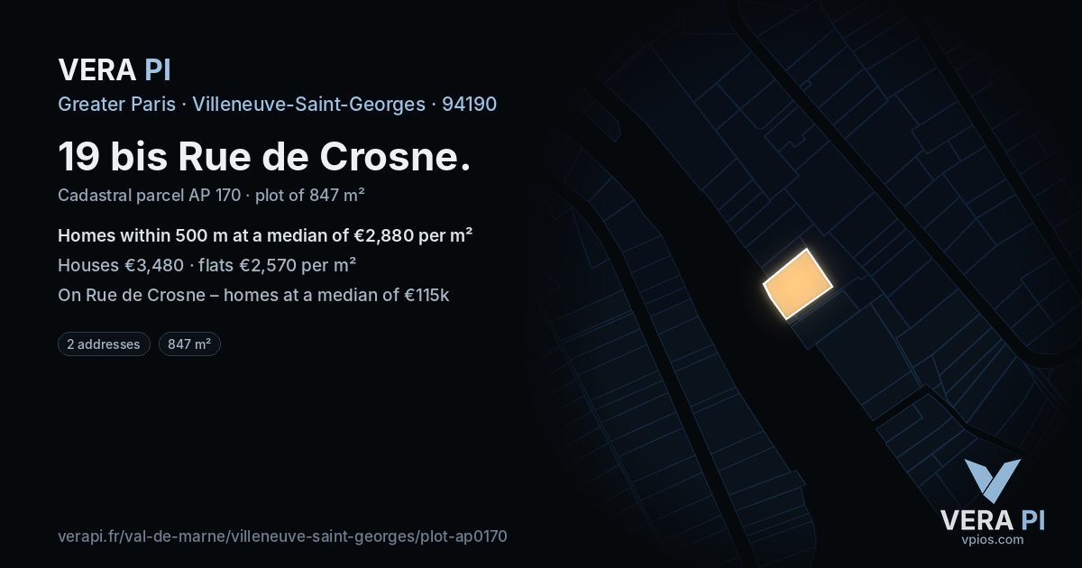 19 bis Rue de Crosne, Villeneuve-Saint-Georges at night – the plot lit, the parcels around coloured by the prices near them