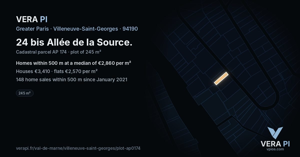 24 bis Allée de la Source, Villeneuve-Saint-Georges at night – the plot lit, the parcels around coloured by the prices near them