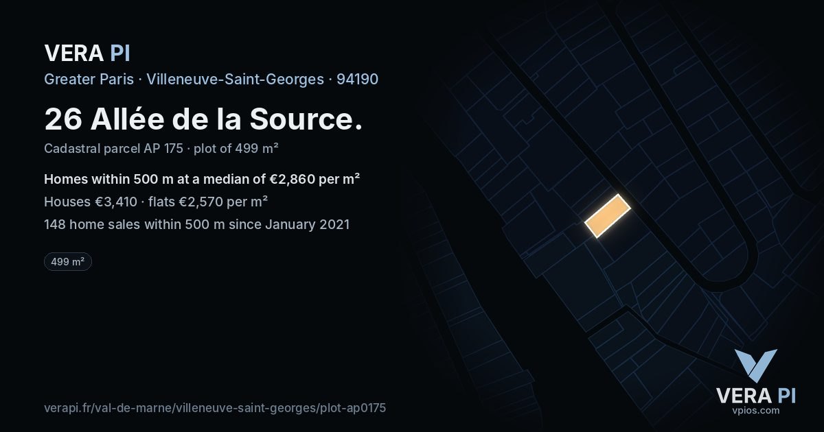 26 Allée de la Source, Villeneuve-Saint-Georges at night – the plot lit, the parcels around coloured by the prices near them