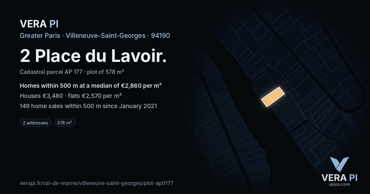 2 Place du Lavoir, Villeneuve-Saint-Georges at night – the plot lit, the parcels around coloured by the prices near them