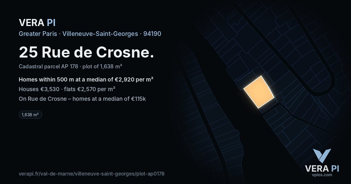 25 Rue de Crosne, Villeneuve-Saint-Georges at night – the plot lit, the parcels around coloured by the prices near them