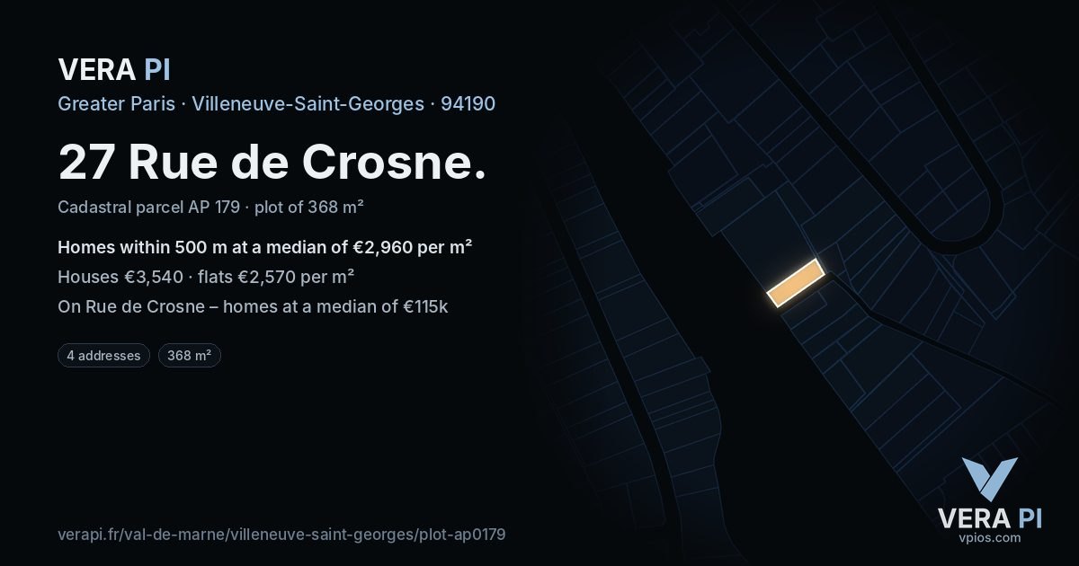 27 Rue de Crosne, Villeneuve-Saint-Georges at night – the plot lit, the parcels around coloured by the prices near them