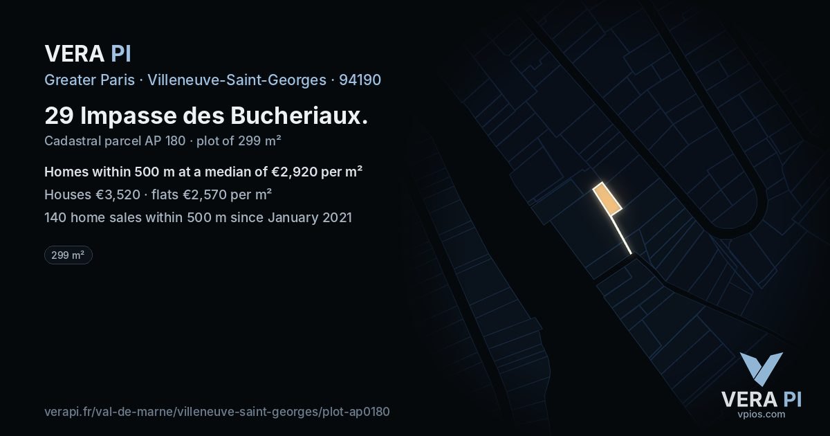 29 Impasse des Bucheriaux, Villeneuve-Saint-Georges at night – the plot lit, the parcels around coloured by the prices near them