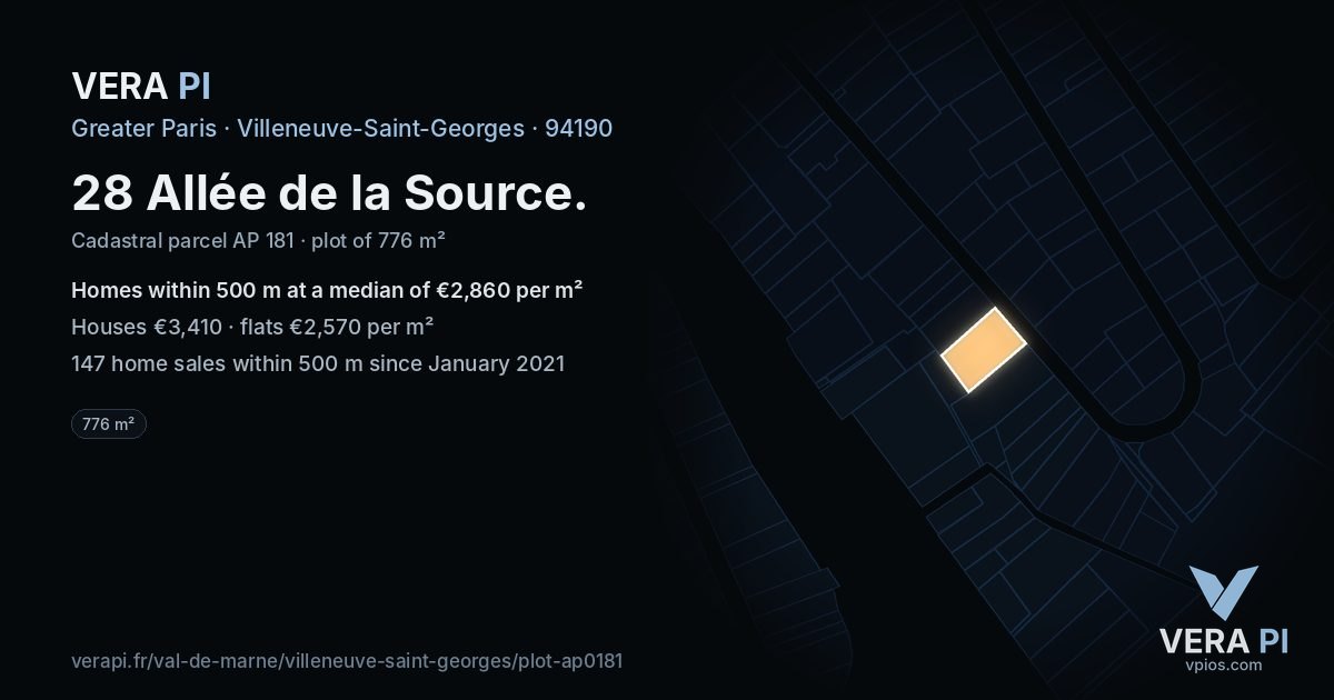 28 Allée de la Source, Villeneuve-Saint-Georges at night – the plot lit, the parcels around coloured by the prices near them