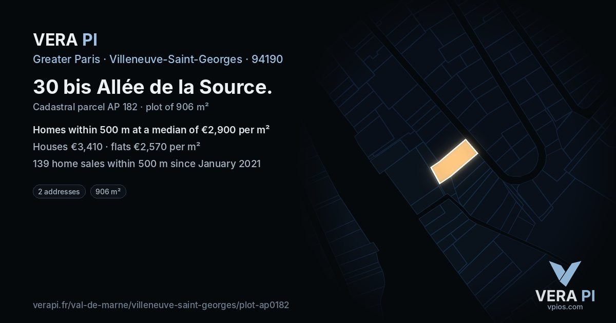 30 bis Allée de la Source, Villeneuve-Saint-Georges at night – the plot lit, the parcels around coloured by the prices near them