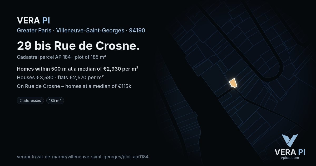 29 bis Rue de Crosne, Villeneuve-Saint-Georges at night – the plot lit, the parcels around coloured by the prices near them