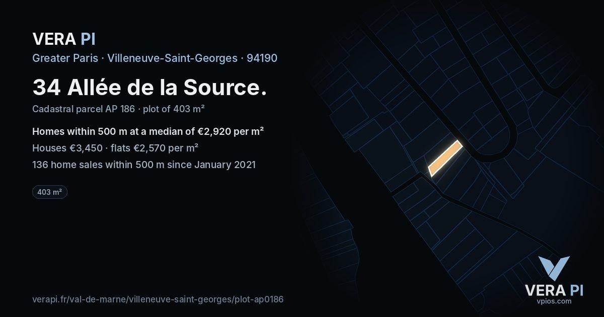 34 Allée de la Source, Villeneuve-Saint-Georges at night – the plot lit, the parcels around coloured by the prices near them