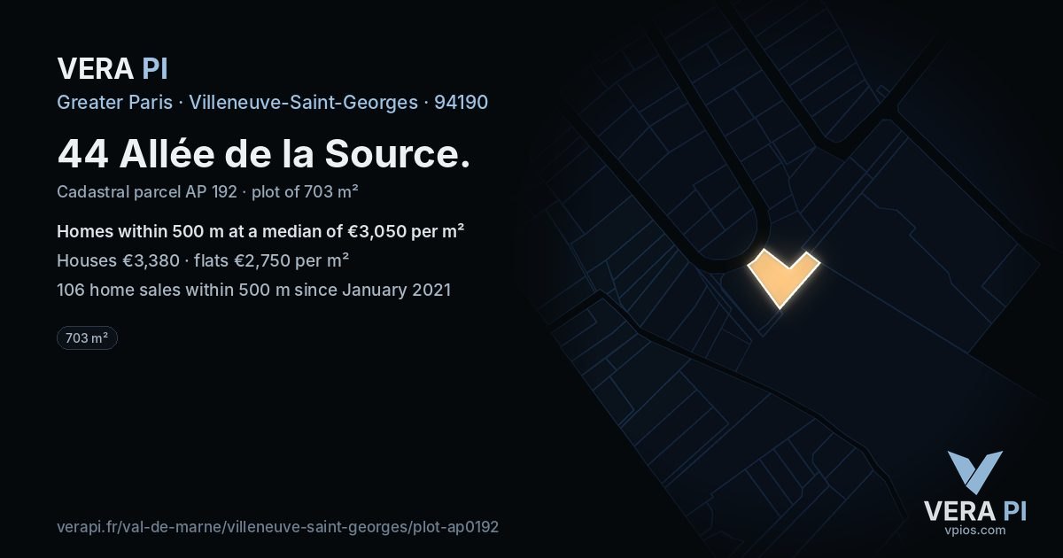 44 Allée de la Source, Villeneuve-Saint-Georges at night – the plot lit, the parcels around coloured by the prices near them
