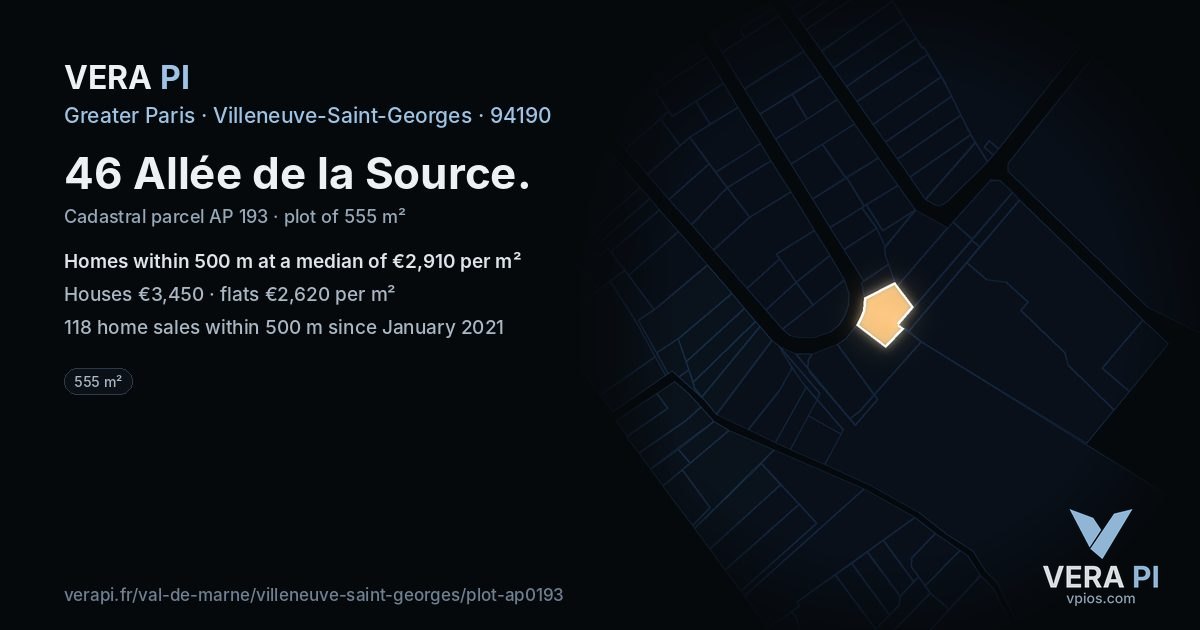 46 Allée de la Source, Villeneuve-Saint-Georges at night – the plot lit, the parcels around coloured by the prices near them