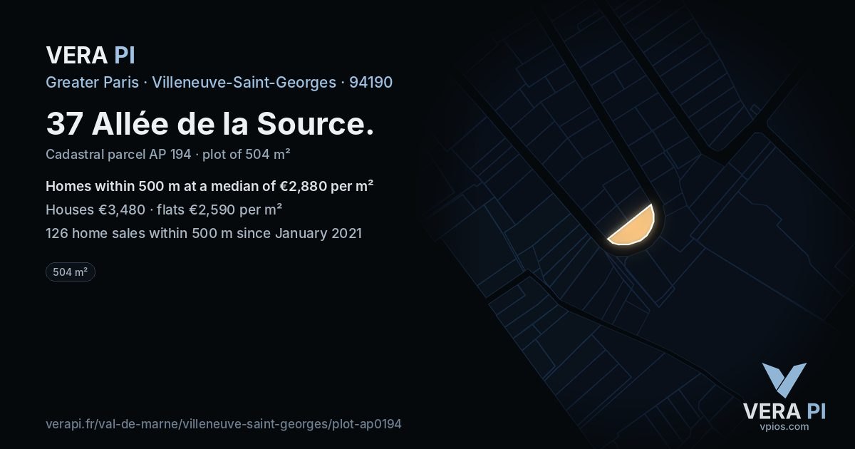 37 Allée de la Source, Villeneuve-Saint-Georges at night – the plot lit, the parcels around coloured by the prices near them