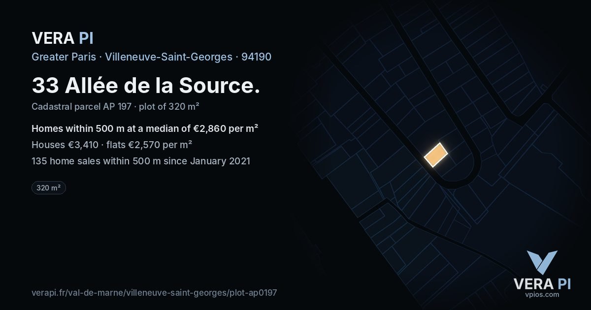 33 Allée de la Source, Villeneuve-Saint-Georges at night – the plot lit, the parcels around coloured by the prices near them
