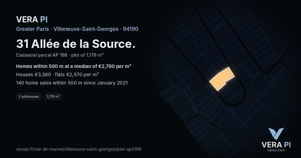 31 Allée de la Source, Villeneuve-Saint-Georges at night – the plot lit, the parcels around coloured by the prices near them