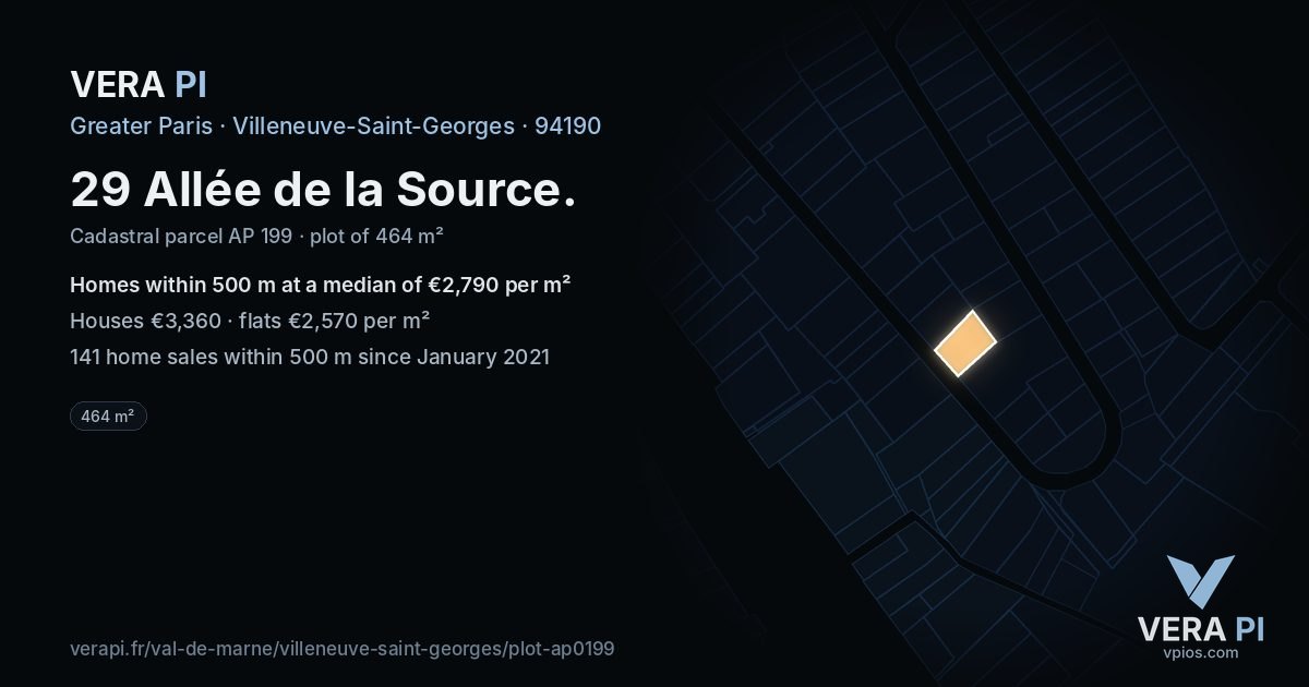 29 Allée de la Source, Villeneuve-Saint-Georges at night – the plot lit, the parcels around coloured by the prices near them