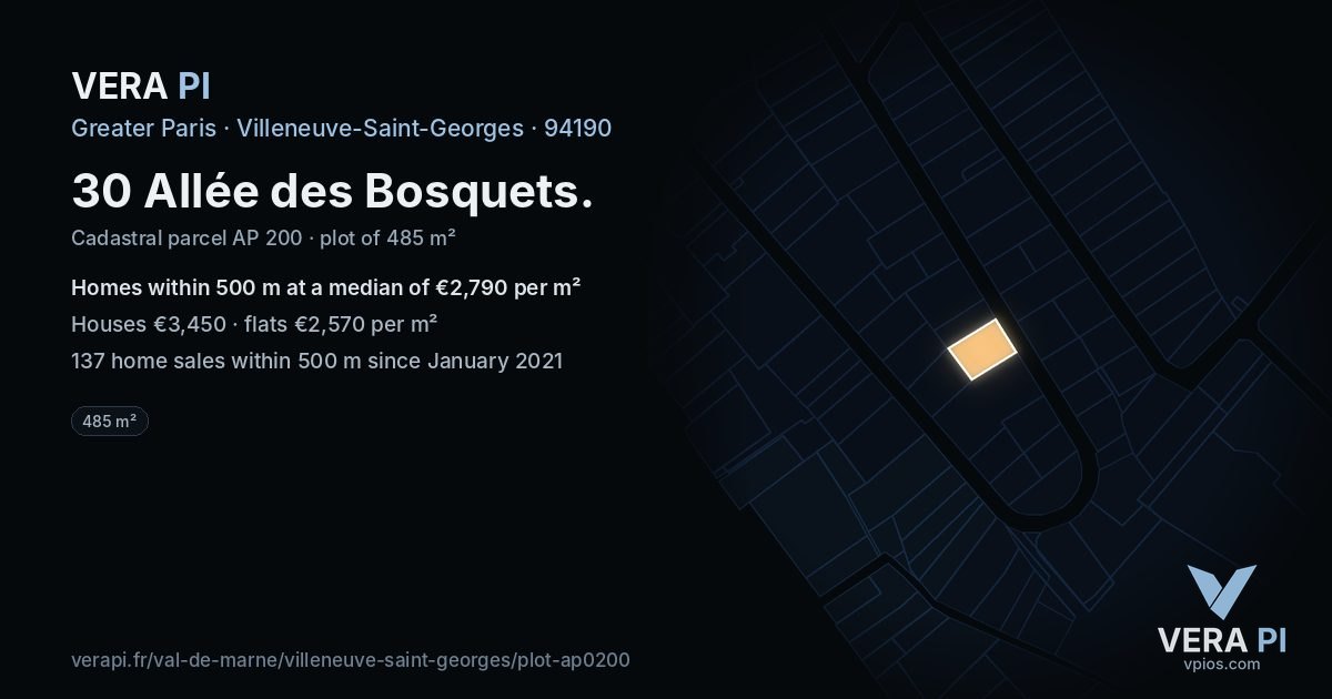 30 Allée des Bosquets, Villeneuve-Saint-Georges at night – the plot lit, the parcels around coloured by the prices near them