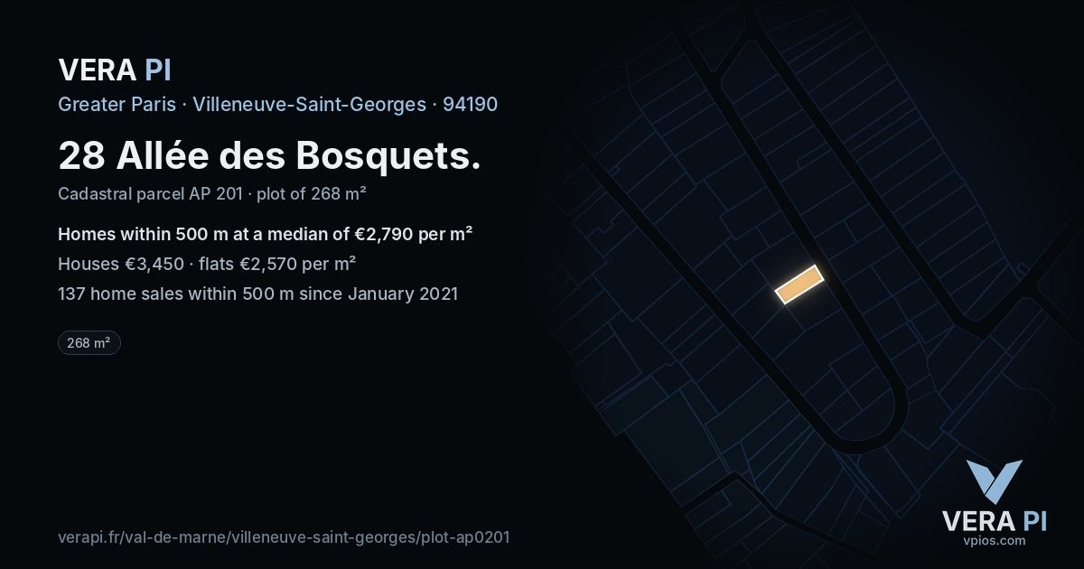 28 Allée des Bosquets, Villeneuve-Saint-Georges at night – the plot lit, the parcels around coloured by the prices near them