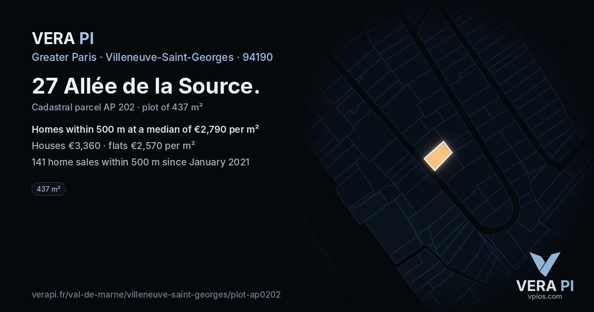 27 Allée de la Source, Villeneuve-Saint-Georges at night – the plot lit, the parcels around coloured by the prices near them