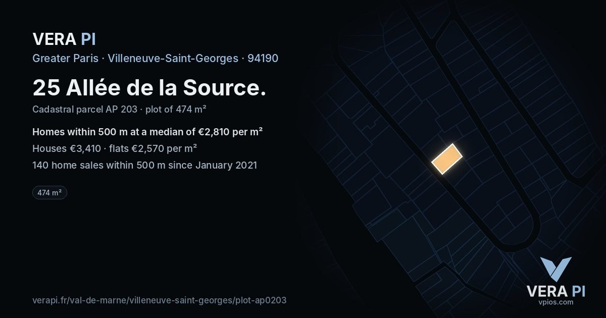 25 Allée de la Source, Villeneuve-Saint-Georges at night – the plot lit, the parcels around coloured by the prices near them