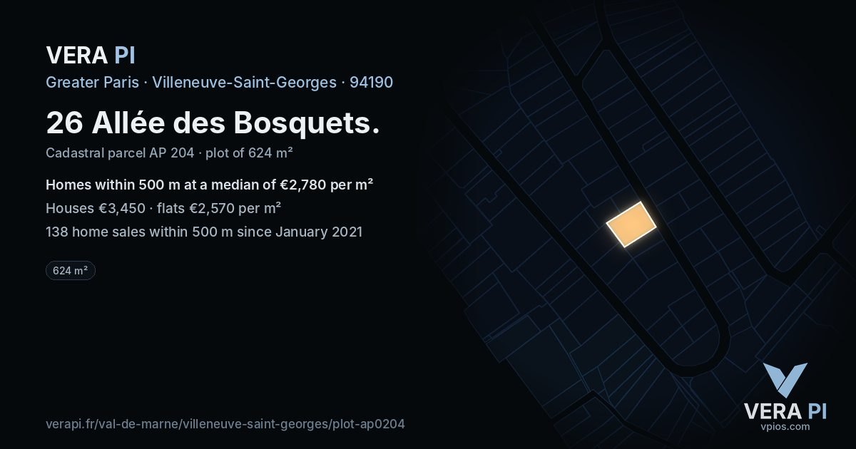26 Allée des Bosquets, Villeneuve-Saint-Georges at night – the plot lit, the parcels around coloured by the prices near them