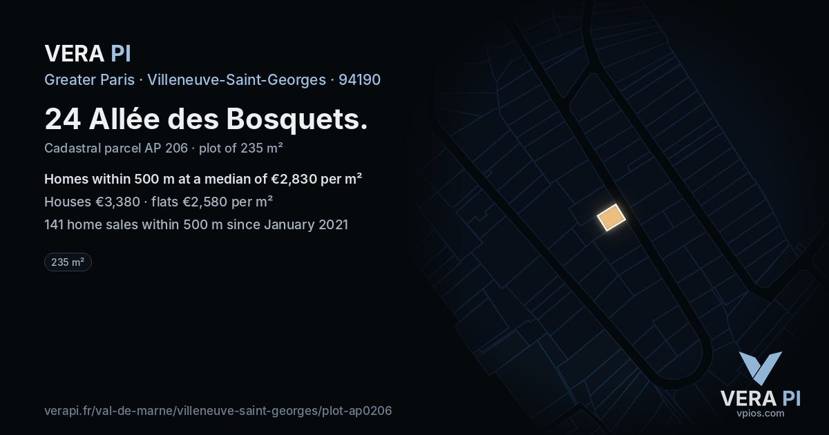 24 Allée des Bosquets, Villeneuve-Saint-Georges at night – the plot lit, the parcels around coloured by the prices near them