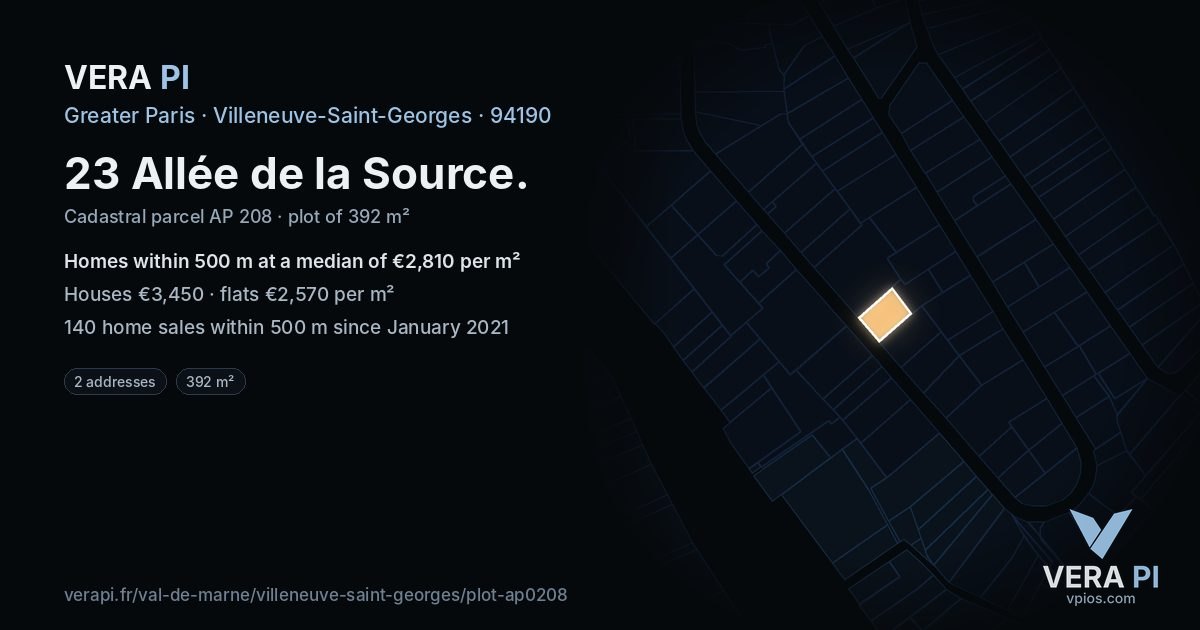 23 Allée de la Source, Villeneuve-Saint-Georges at night – the plot lit, the parcels around coloured by the prices near them