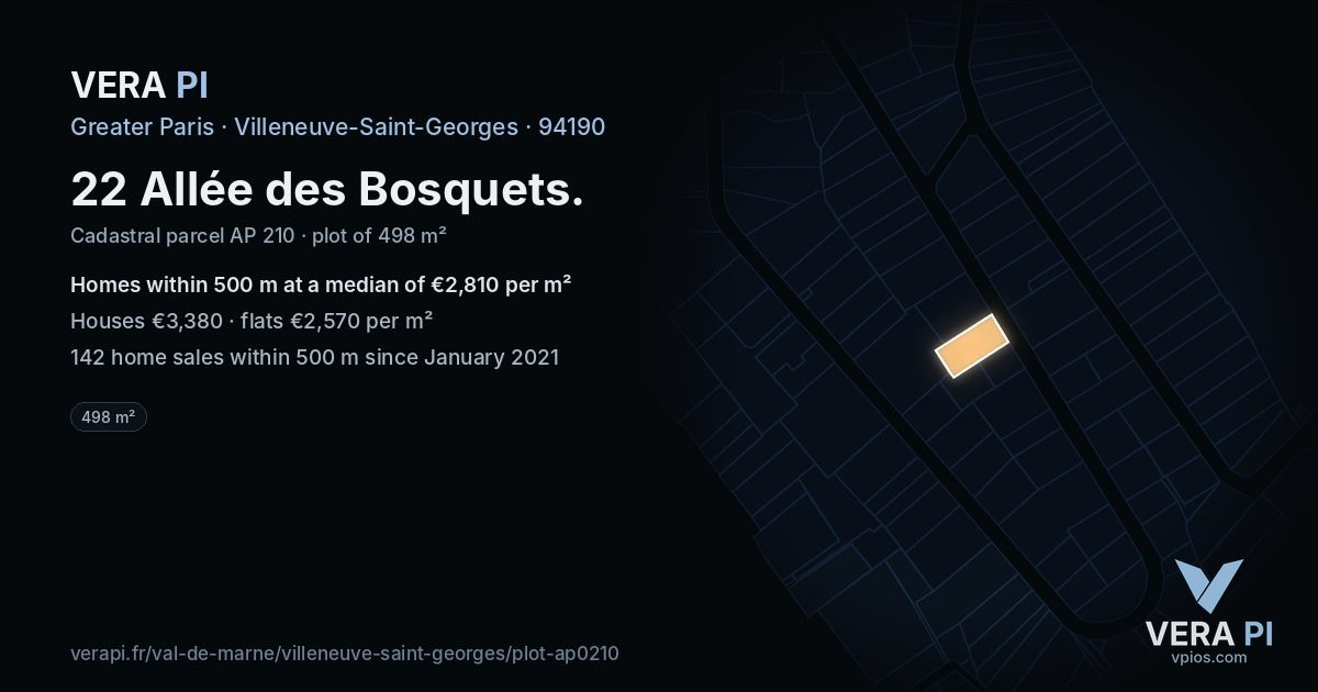 22 Allée des Bosquets, Villeneuve-Saint-Georges at night – the plot lit, the parcels around coloured by the prices near them