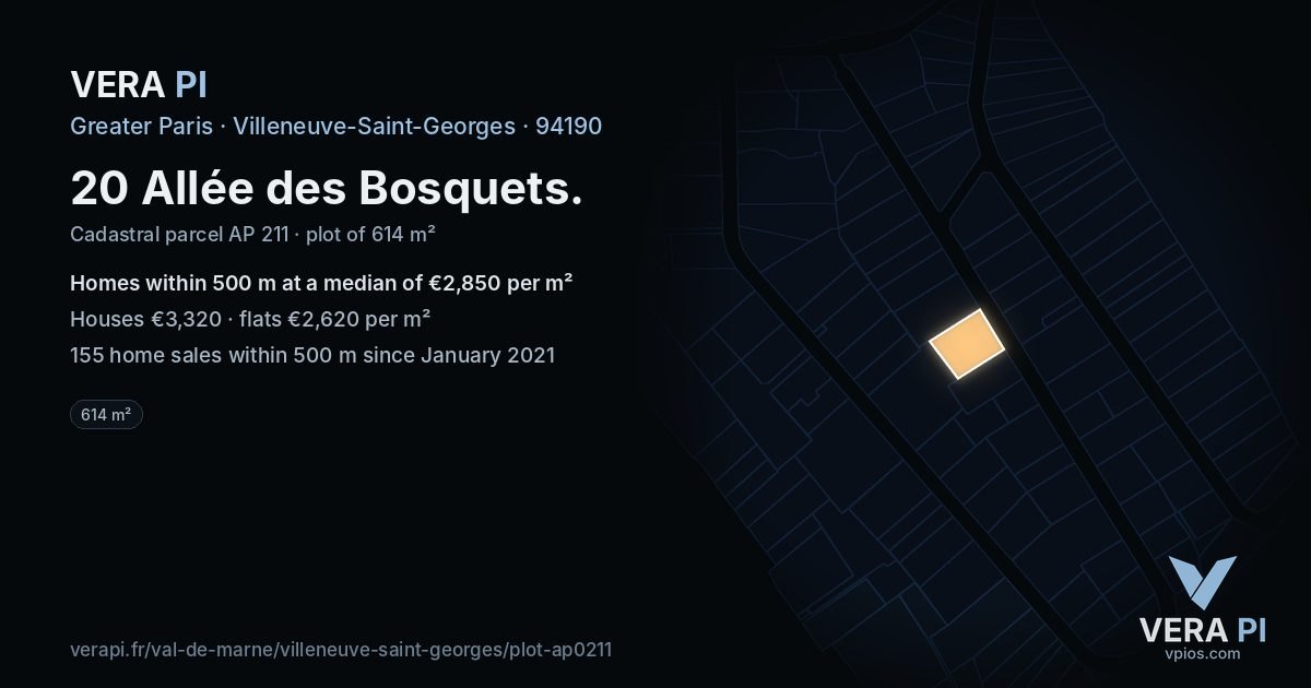 20 Allée des Bosquets, Villeneuve-Saint-Georges at night – the plot lit, the parcels around coloured by the prices near them