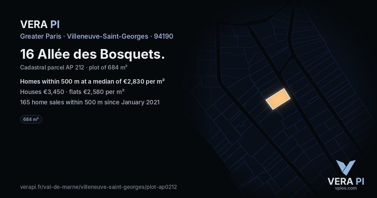 16 Allée des Bosquets, Villeneuve-Saint-Georges at night – the plot lit, the parcels around coloured by the prices near them