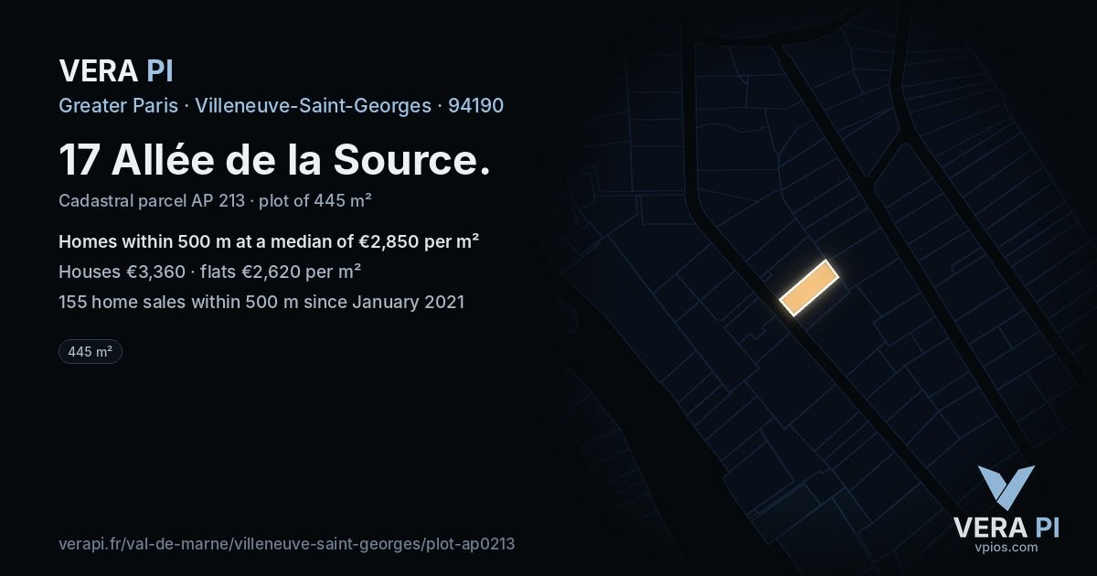 17 Allée de la Source, Villeneuve-Saint-Georges at night – the plot lit, the parcels around coloured by the prices near them