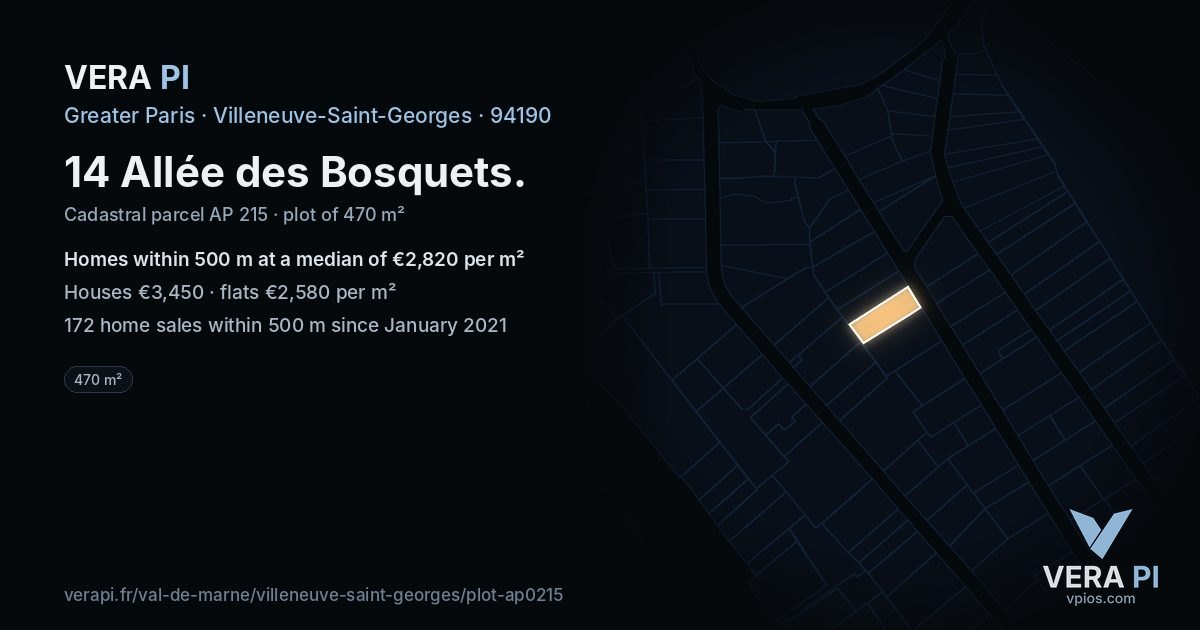 14 Allée des Bosquets, Villeneuve-Saint-Georges at night – the plot lit, the parcels around coloured by the prices near them